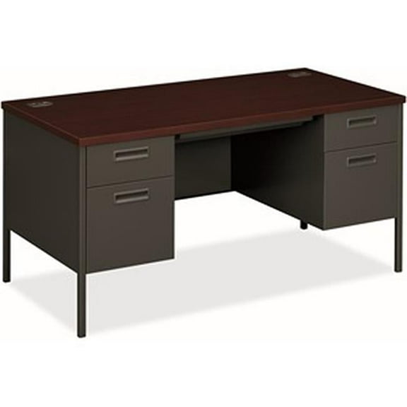 60 x 30 x 29.5 in. Metal Contemporary Double Pedestal Desk, Mahogany & Charcoal