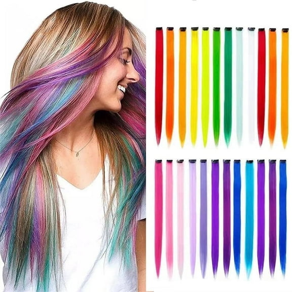 Meilimei 24 PCS Hair Extensions Straight Long Hairpiece Wig Pieces for Kids Colored Hair Extensions Clip for Girls and Dolls Multi-colors Party Highlights (22'') (colored)