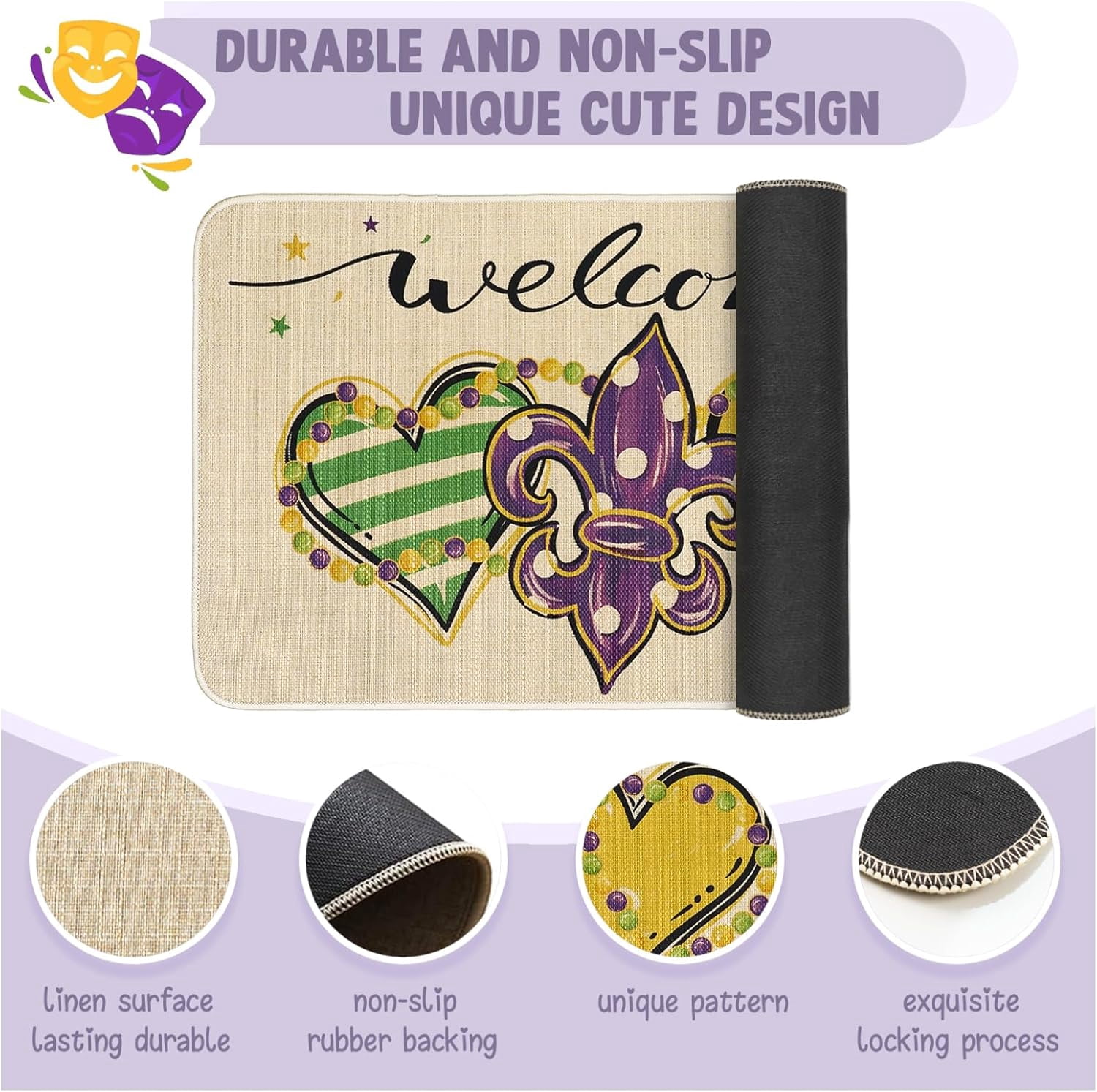 Mardi Gras Door Mat Welcome Doormat Fleur de Lis Decor Kitchen Mats Home Party Outdoor Entrance Non-Slip Rubber Home Kitchen Mats 30" X 17"