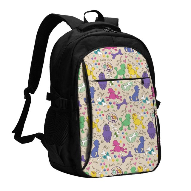 Fotbe Colorful Poodle Dog Mochila con Estampado y Puerto USB para Hombre y Mujer, Mochila Antirrobo, Mochila de Viaje, Mochila Escolar, Mochila Universitaria