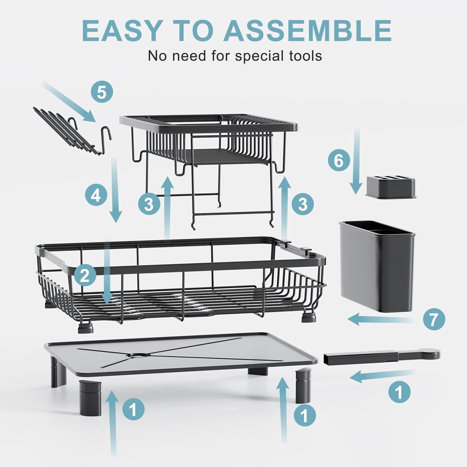 Fenbeli 2-Tier Dish Drying Rack with Rotating Drainage Spout, Rust-Resistant Countertop Dish Rack with Utensil Holder, Black