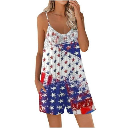 

REORIAFEE Jumpsuits for Women 2023 Independence Day Jumpsuit Rompers American Flag Print Jumpsuit Suspender Jumpsuit Crewneck Sleeveless White S