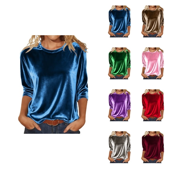 Women's Velvet Short Sleeve T-Shirt, Soft Crew Neck Casual Basic Top for Fall Winter Comfort Wear