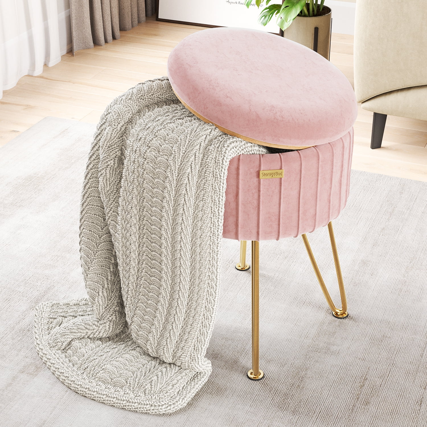 LammaLoe Small Round Ottoman with Storage, Pleated Velvet Ottoman Foot Stool with Lid, Upholstered Vanity Stool for Living Room & Bedroom, Pink