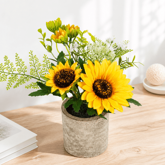 1PCS Sunflower Artificial Flowers Pot, Sunflower Decor, Yellow Fake Flower in Pots, for Home Bathroom Kitchen