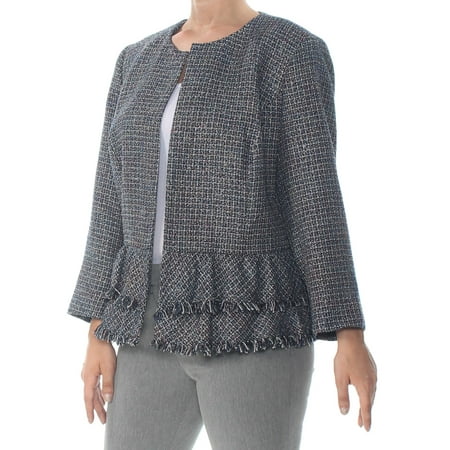 NINE WEST Womens Navy Tweed Peplum Hem Jacket Plus Size: 24W