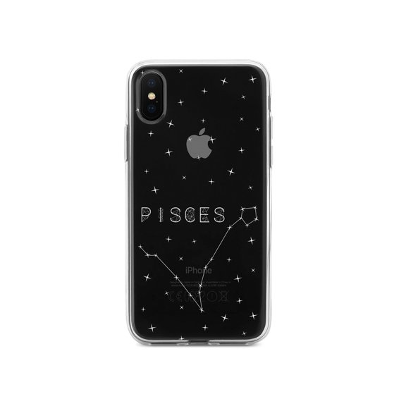 DistinctInk Clear Shockproof Hybrid Case for iPhone XS Max (6.5" Screen) - TPU Bumper, Acrylic Back, Tempered Glass Screen Protector - Star Zodiac Pisces