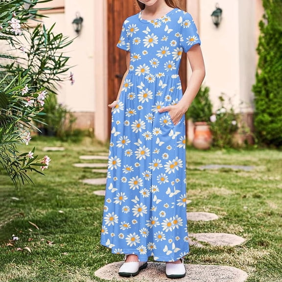 DAETIROS Girls Blue Floral Maxi Dress Casual Long Length Summer Beach Party Dress Soft Comfy Stretchy Fabric with Pockets for Kids Ages 4-14 Years,Size 11 T