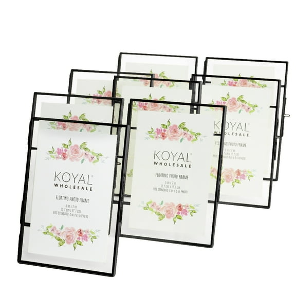 Koyal Wholesale Black Pressed Glass Floating Photo Frames 5 x 7 Frame, 8-Pack with Stands Use Horizontal or Vertical