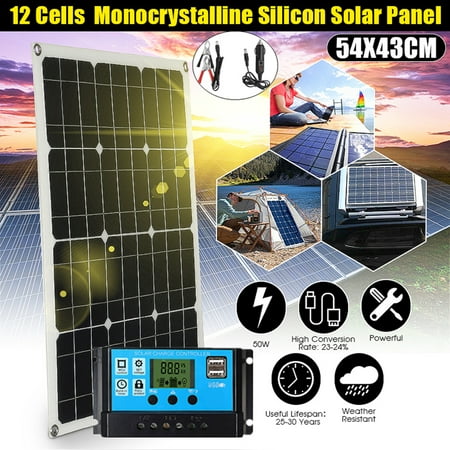50 Watt 2 USB Monocrystalline Solar Panel Kit Car with Power Inverter for RV, Boat, Car Vehicle Off-Grid 12 Volt Battery Systems MC4 Output Battery