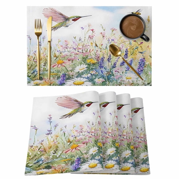 Spring Floral Placemats Set of 6 Summer Flowers Bird Watercolor Place Mats Indoor Wipeable Table Mats Washable Cloth Dining Table Placemats for Kitchen Holiday Party Home Decor 13x19 Inch