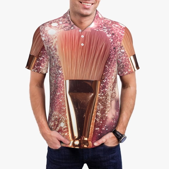 Fotbe Makeup Brush on Pink Glitter Camiseta Polo de Golf para Hombre con Estampado – Camisa Deportiva Transpirable con Cuello Abotonado-Small