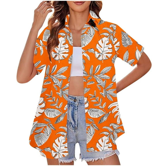 QUNYINEY Button Down Shirts for Women Collared Casual Hawaiian Short Sleeve Tops Summer Beach Loose Women's Tops