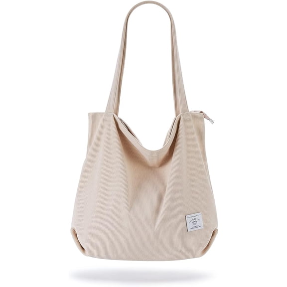 Women's Corduroy Tote Bag, Zipper Casual Tote Handbag, Large Capacity Shoulder Bag with Pockets