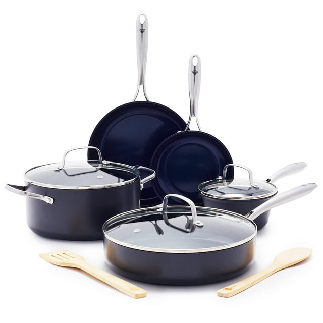 Blue Diamond Cookware - Juego de 10 ollas y sartenes de cerámica anodizada dura antiadherente, no tóxico, sin PFAS ni PFOA, apto para lavavajillas y horno, duradero, calentamiento uniforme, apto para