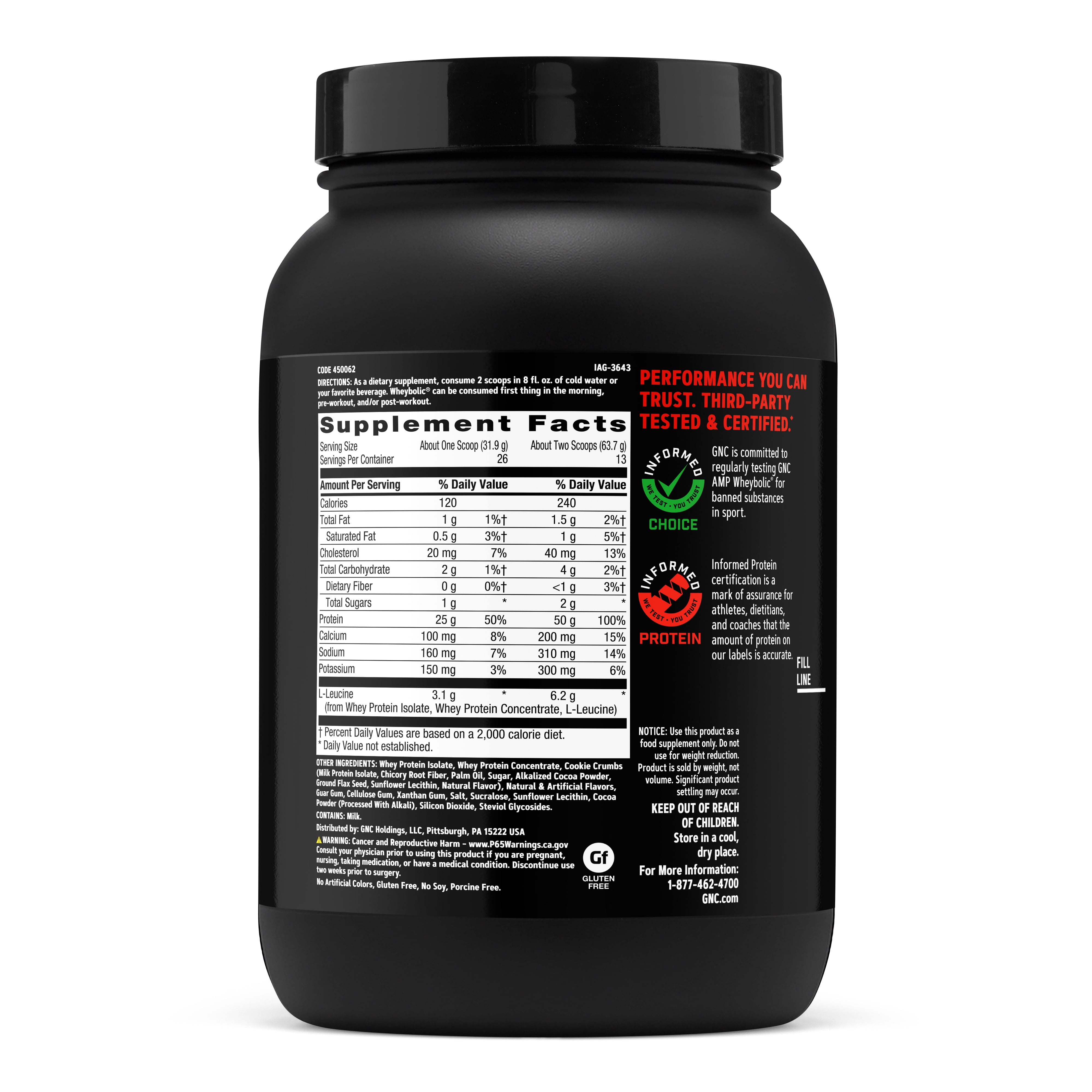 GNC AMP Wheybolic Clinically Proven Protein Powder, 50g Whey Protein, BCAA, Leucine, Increases Muscle Strength, Muscle Building, 3rd Party Tested, Gluten Free, Cookies & Cream 13 Servings