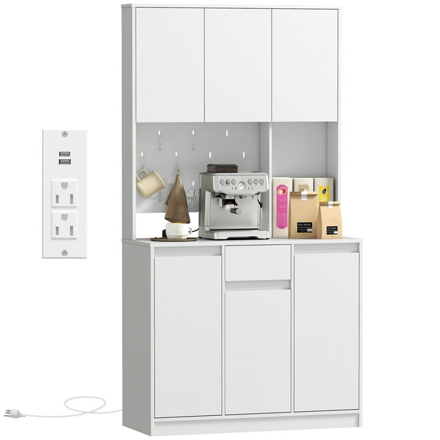 HOMCOM Armoire de Garde-Manger 71 Pouces, Armoire de Rangement avec Station de Recharge, Blanc