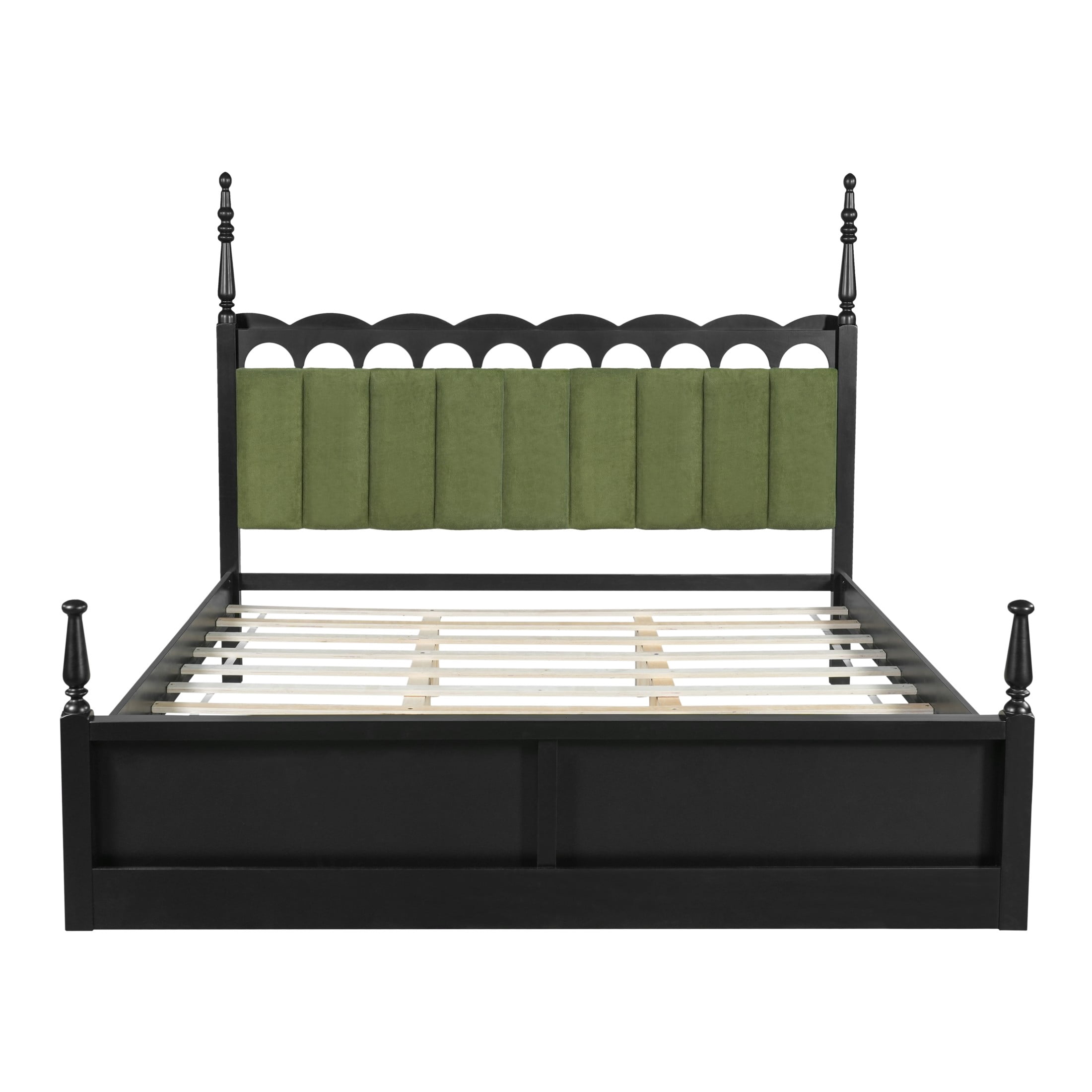 Christopher Knight Home King Wood Bed Frame with Scalloped Tufted Chenille Headboard, Black+Green