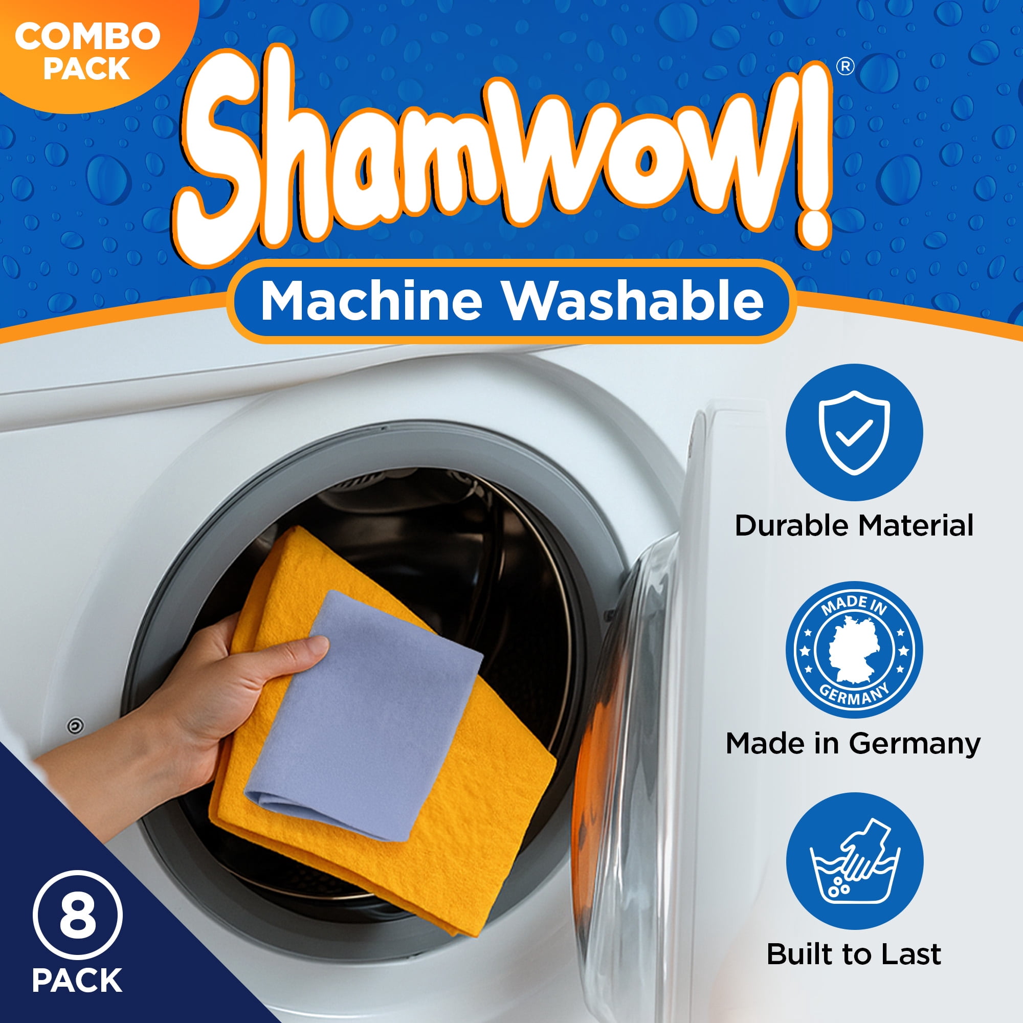 The Original Shamwow, Super Absorbent, Multi Purpose Cleaning Chamois Towel Cloth, 8 Pack, 4 Large Orange and 4 Small Blue