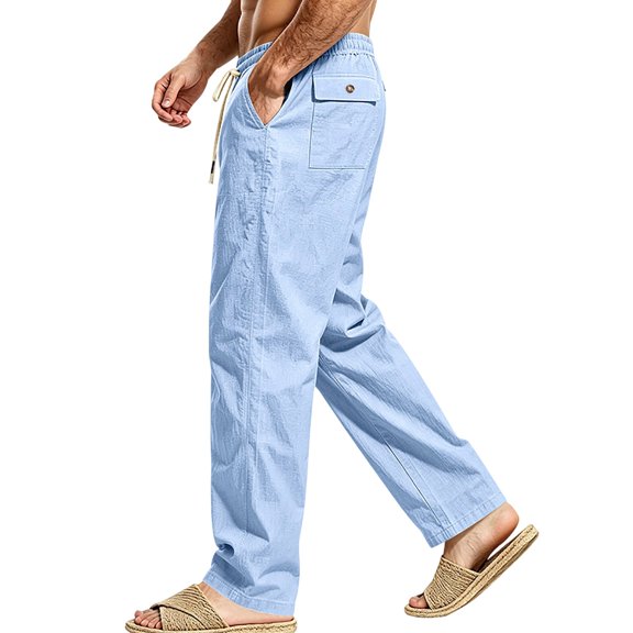 Men's Casual Linen Pants Elastic Waist Drawstring Lightweight Relaxed Fit Trousers Summer Beach Yoga Lounge Pants with Pockets Comfortable Daily Wear