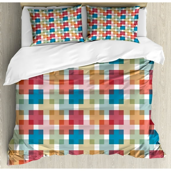 Geometric Duvet Cover Set, Vector Illustration Seamless Pattern Background for Wall or Floor with Squares, Decorative 3 Piece Bedding Set with 2 Pillow Shams, Calking Size, Multicolor, by Ambesonne