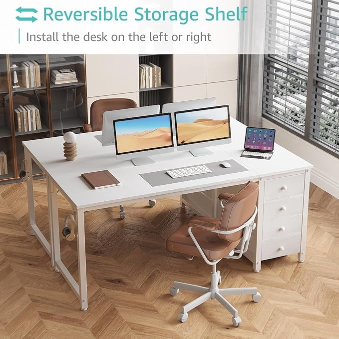 Lufeiya White Computer Desk with Drawers - 55 Inch Long Study Work Writing Desk for Home Office Bedroom, Simple Modern Cute PC Desks with Fabric Drawer, White