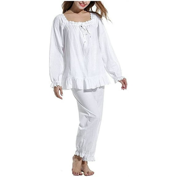 Women's 2 Set Cotton Sleepwear Victorian Pajama Set Long Sleeve Nightgown