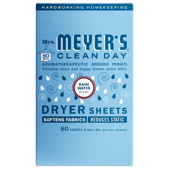 MRS. MEYER'S Feuilles pour Séchoir CLEAN DAY, Assouplissant pour Tissus, Réduit l'Électricité Statique, Infusé d'Huiles Essentielles, Parfum Eau de Pluie, 80