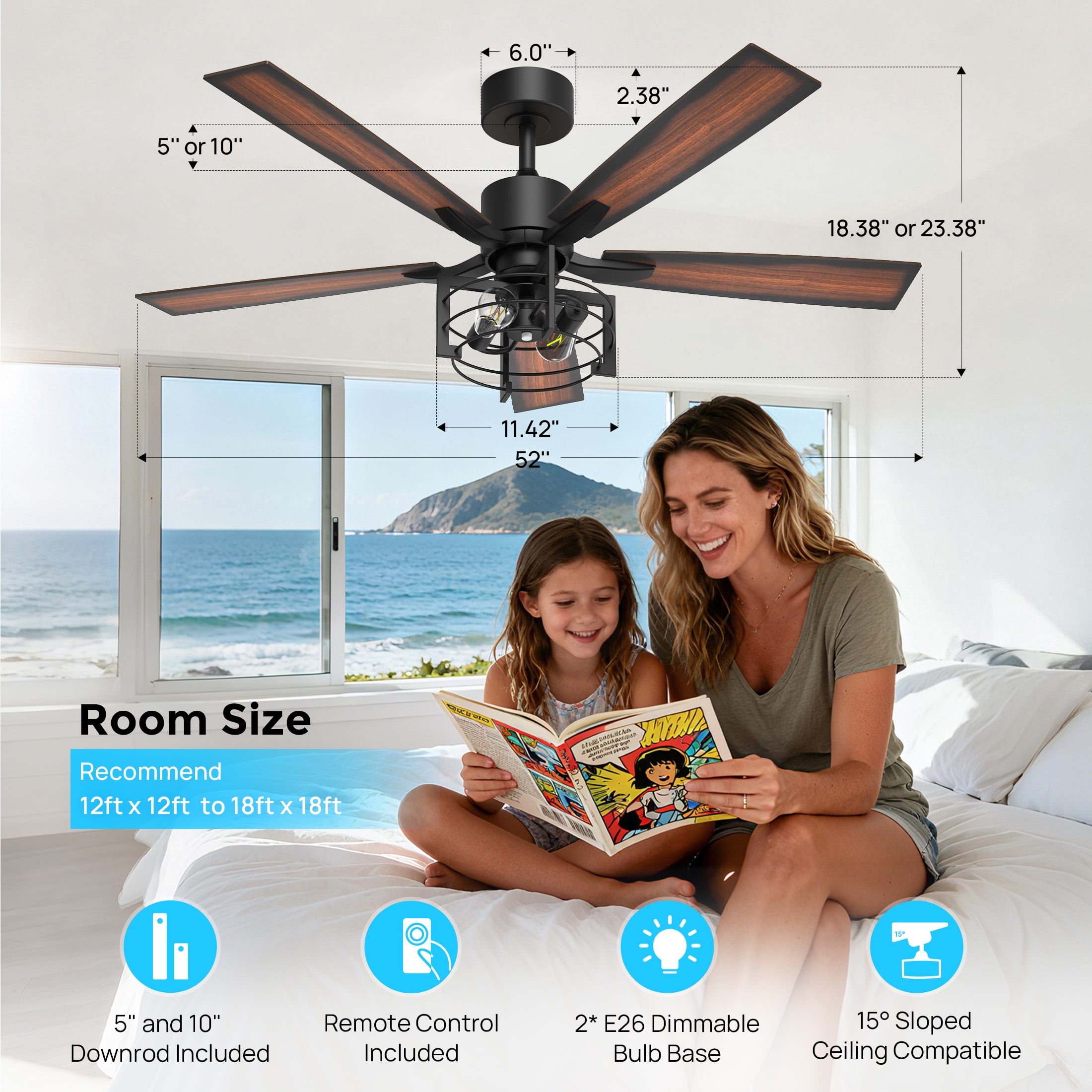 Consciot 52 Inch Ceiling Fans With Lights & Remote, Reversible Motor, Modern Farmhouse Caged Ceiling Fan, 5 Double Finish Wood Blades, Rustic Ceiling Fan For Porch, Living Rooms, Bedroom, Black