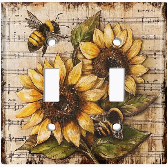 Metal Light Switch Wall Plate Outlet Cover (Printed Image of Vintage Sunflower and Bee - Double Toggle)