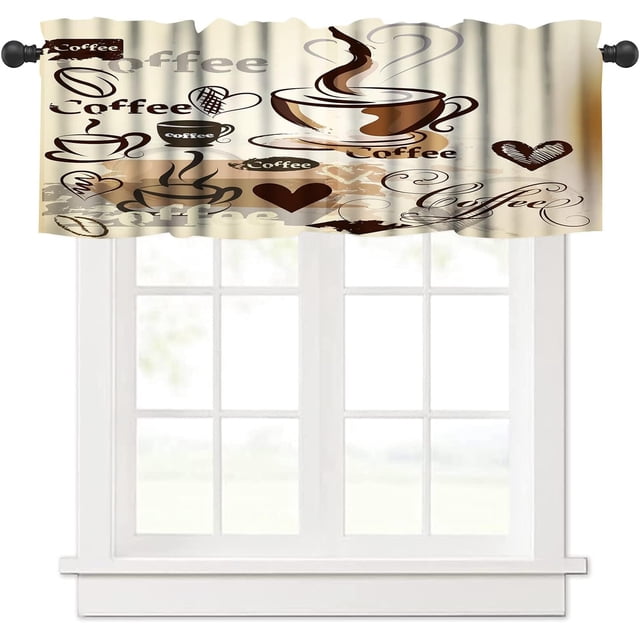 Coffee Kitchen Curtains, Cafe Coffee Theme Valance for Kitchen Windows, Tea Party Coffee Bean Print Small Short Curtains Window Treatments Valance for Kitchen Cafe, 54x18 Inch, 1 Panel