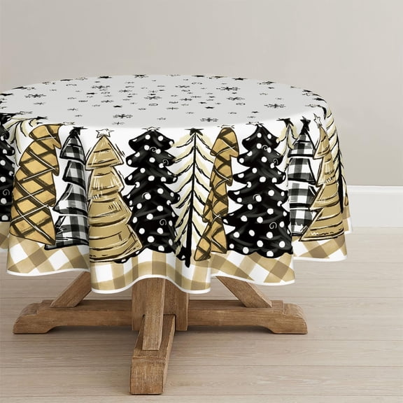 Horaldaily Christmas Tablecloth 60×60 Inch Round, Christmas Trees Buffalo Plaid Beige Washable Table Cover for Party Picnic Dinner Decor