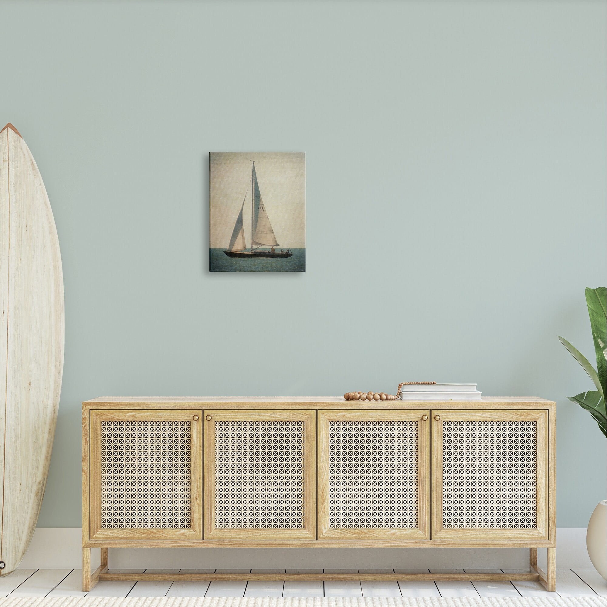 Stupell Industries Lone Sailboat People Relaxing Quiet Ocean Landscape Painting Gallery Wrapped Canvas Print Wall Art, Design by Graffitee Studios