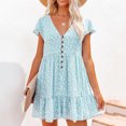 thumbnail image 2 of Prolriy Robes Printemps Été pour Femmes 2025 Robes d'Été à Manches Courtes à Fleurs Col en V Boutonnée Robes Courtes pour Femmes, Robes pour Femmes Bleu Ciel m, 2 of 7