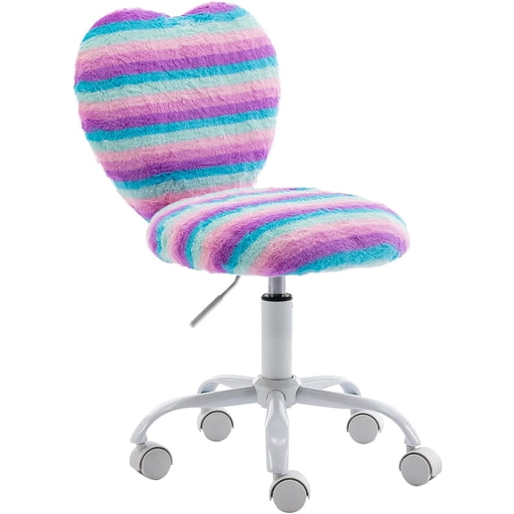 Small Desk Chair Swivel Kids Office Chair Fuzzy Student Computer Task Chair Faux Fur Vanity Chair Cute Heart Chair for Girls Boys Bedroom, Rainbow