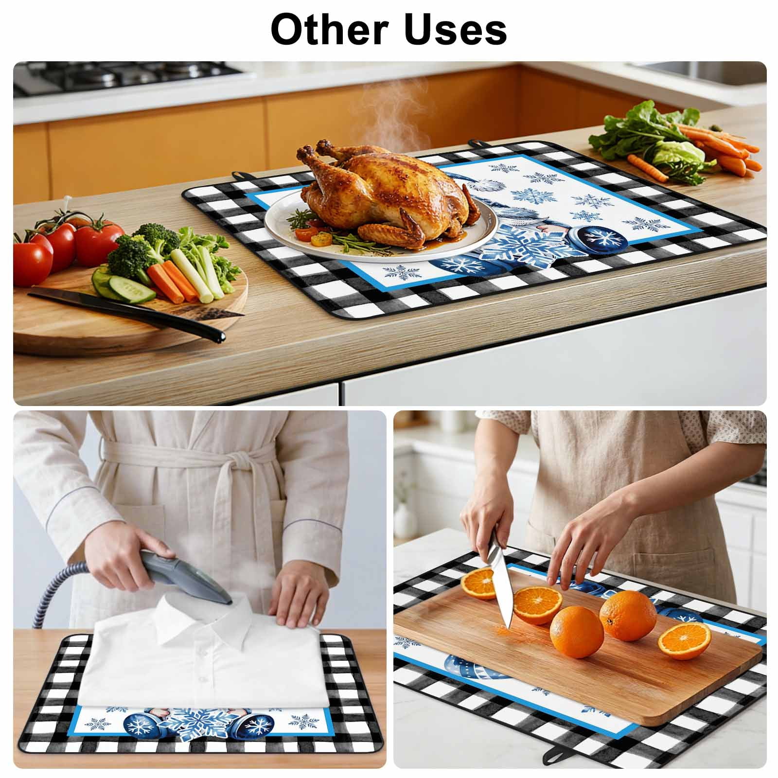 Christmas Stove Top Cover for Electric Stove, Heat-proof & Non Slip Glass Top Stove Cover Protector, Winter Blue Snowflakes Gnomes Black Plaid Kitchen Flat Cooktop Rubber Mat 24x21 Inches