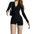 thumbnail image 3 of Women Long Sleeve Shorts Jumpsuit Solid Color Casual Button T-shirt Bodysuit Playsuit Clubwear, 3 of 7