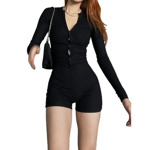Nituyy Women Long Sleeve Shorts Jumpsuit, Solid Color Casual Button T-shirt  Bodysuit Playsuit Clubwear