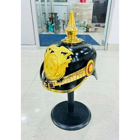 THOR INSTRUMENTS Halloween Imperial German Spiked Pickelhaube Officer Helmet- Black Fiber Glass & Brass Vintage Prussian Helmet With Stand