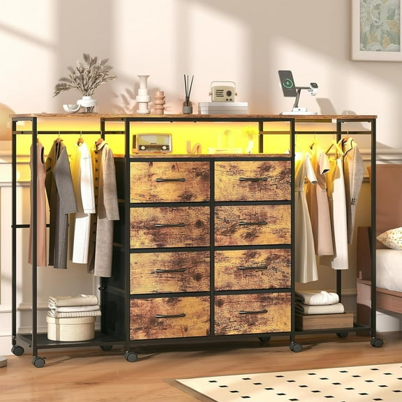 Winkalon Dresser with Clothes Rack 8 Drawer Dresser with Clothing Rack for Hanging Clothes Brown Dresser with Fabric Drawers & Charging Station