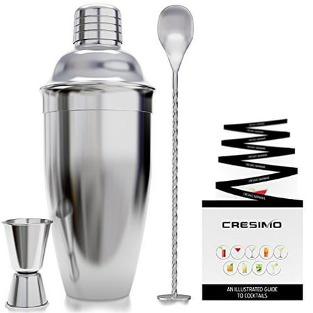Cresimo 24-Ounce Stainless Steel Martini Cocktail Shaker and Jigger with Cocktail Recipes EBook (4 Piece