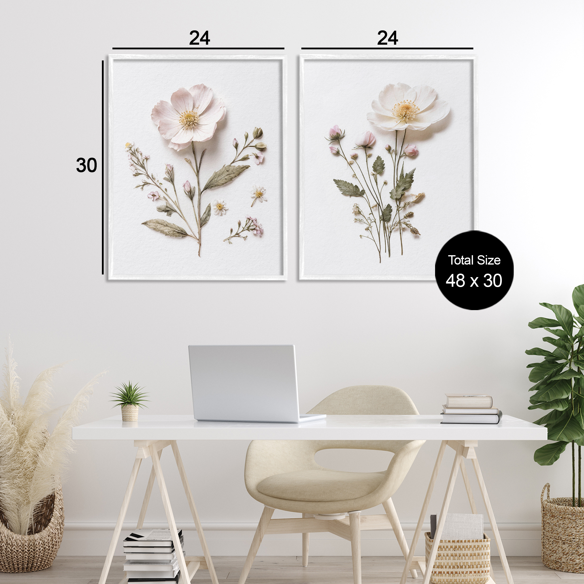 Minimal Pressed Flowers 2 Piece White Framed Giclee Art Set, design by Lettered and Lined