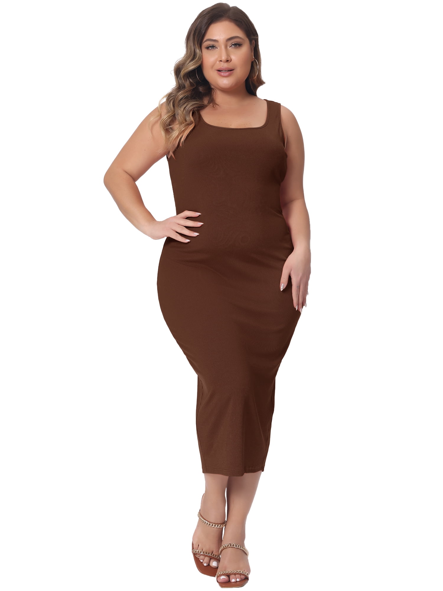 DARING DIVA Women's Plus Size Sleeveless Square Neck Bodycon Midi Tank Dress 3X Brown