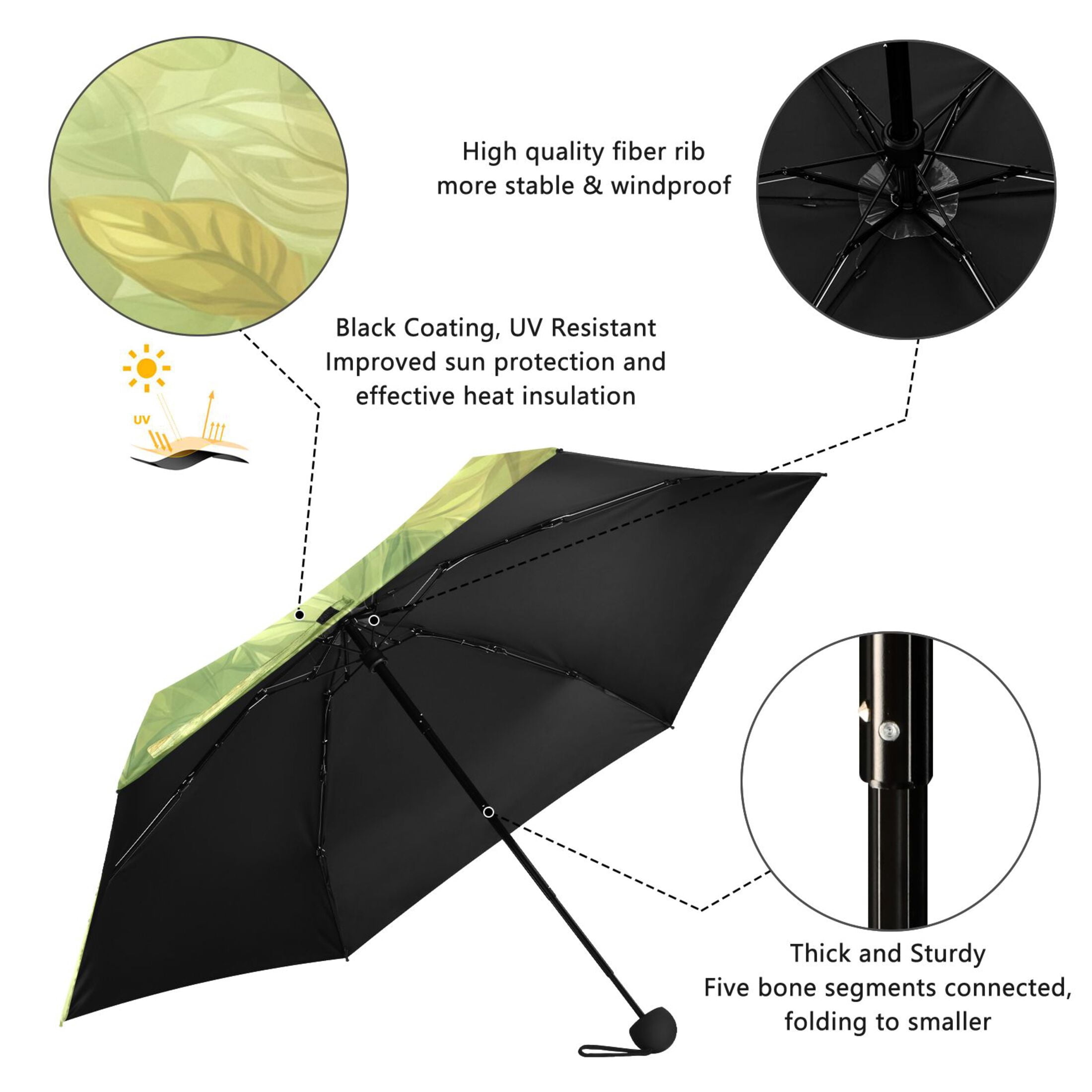 Spring Leaf Pattern Umbrellas for Sun Auto Open Close UV50+ Waterproof 5-Fold Compact Fiberglass Frame