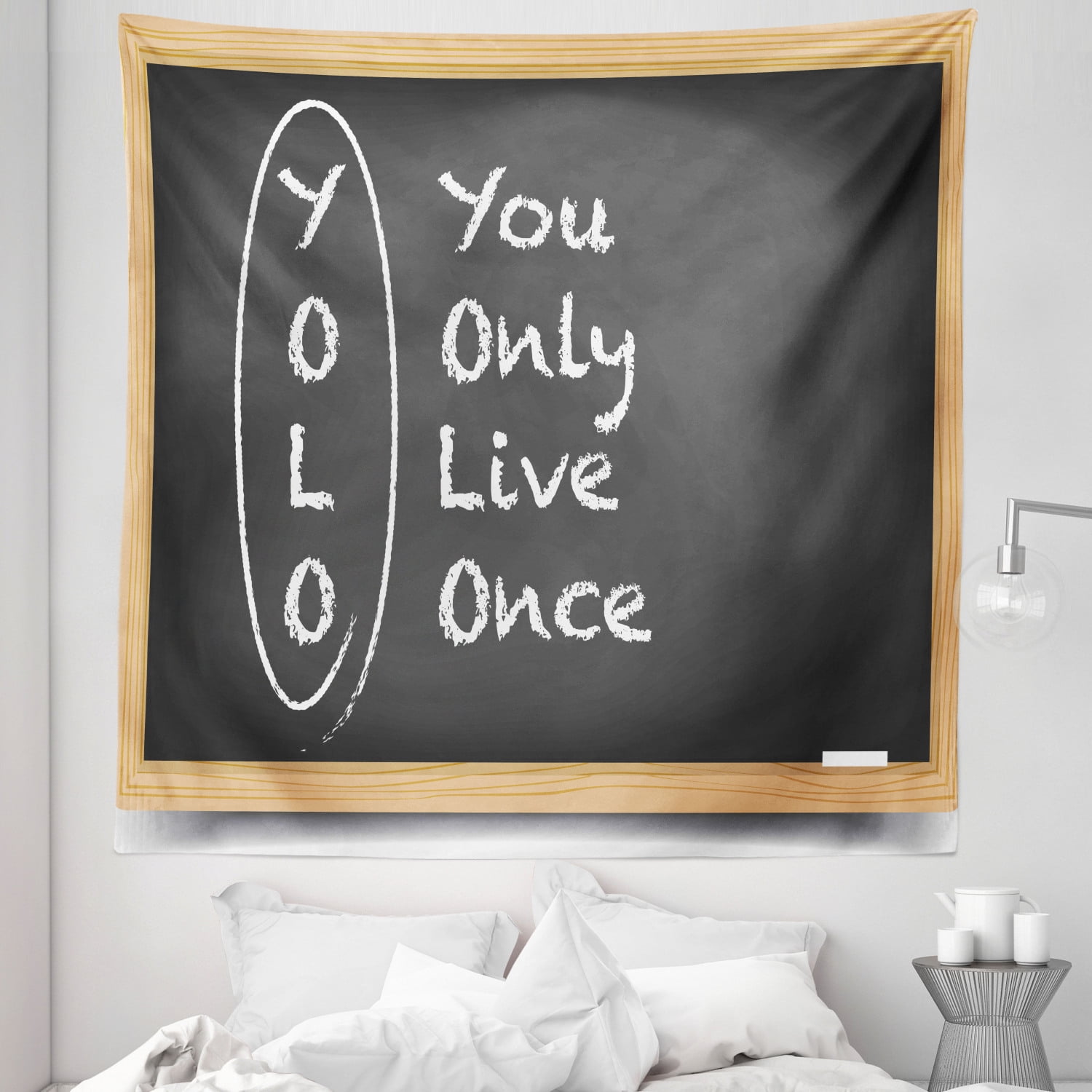YOLO Tapestry, Chalkboard Background Abbreviation Room Themed