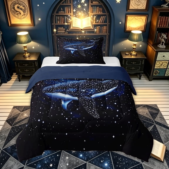 meiyoeat Galaxy Star Whale Twin Comforter Sets for Kids Boys Girls, Magic Starlight Celestial Animal Bedding Set, Dark Blue, Blue Reversible, 2pcs, 1 Comforter and 1 Pillowcase