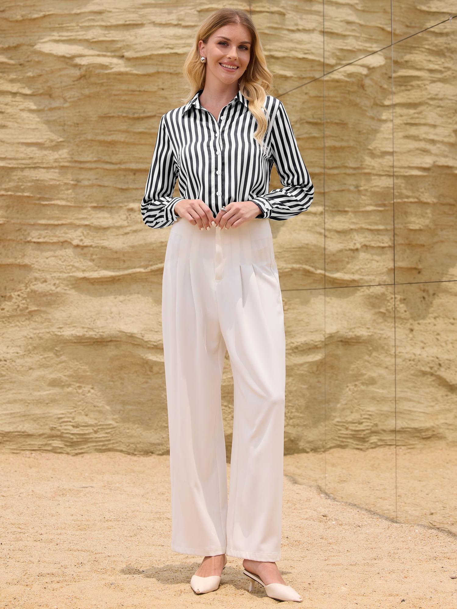 DARING DIVA Women's Satin Striped Shirt Long Sleeve Office Blouse 2XL Black White