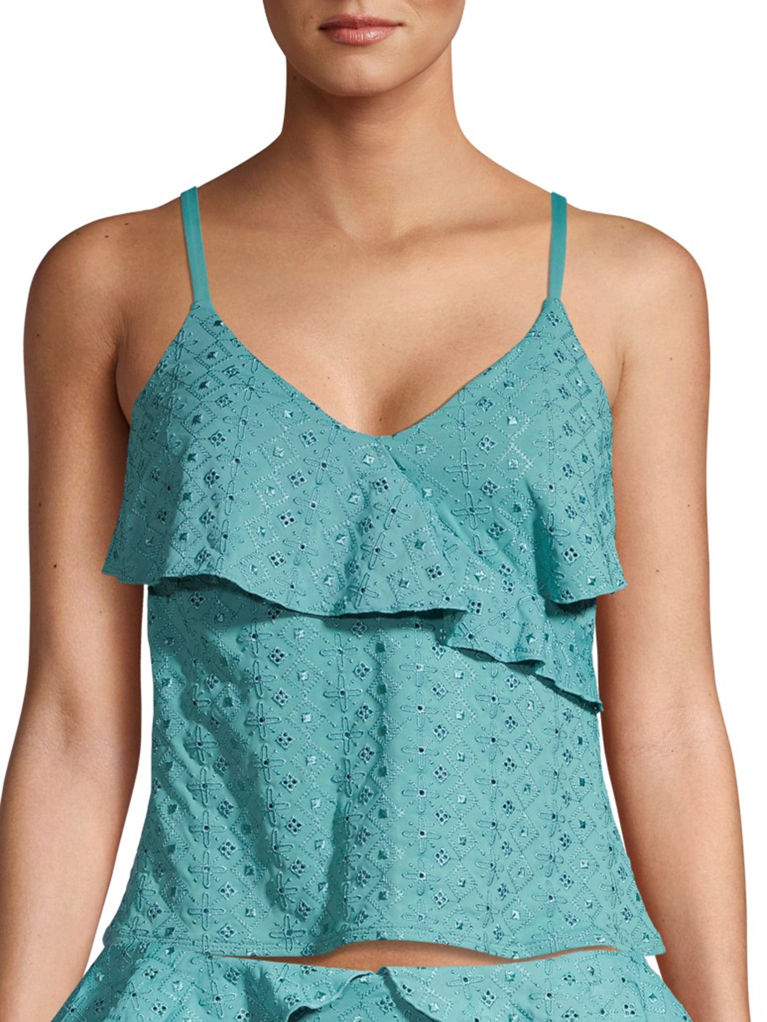 Time and Tru Women's Solid Novelty Eyelet Ruffle Tankini Swimsuit Top