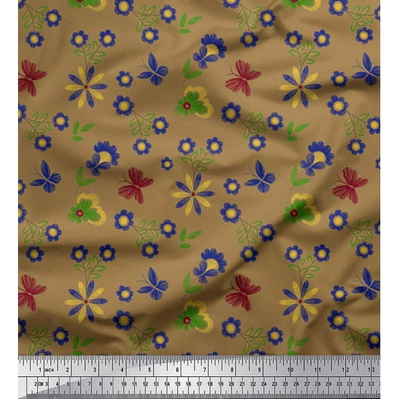 Soimoi Brown Cotton Duck Fabric Leaves,Insect & Floral Artistic Print Fabric by The Yard 42 Inch Wide