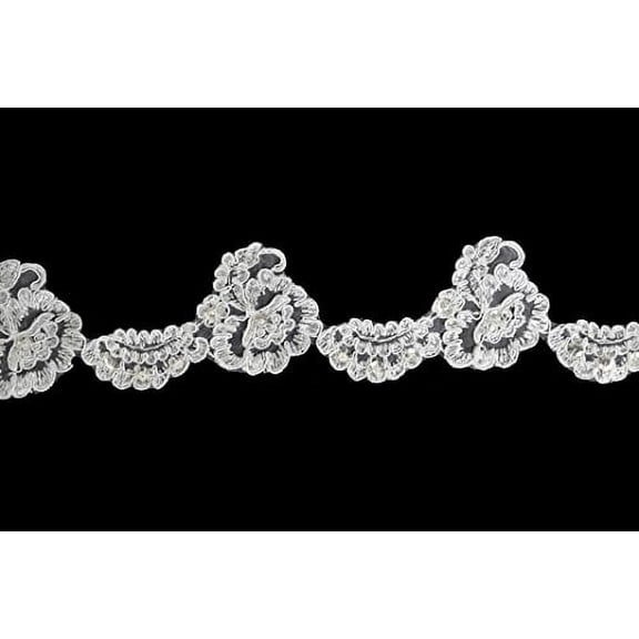 Altotux 2.5" White Floral Sequins Beaded Corded Scalloped Lace Trim By Yard